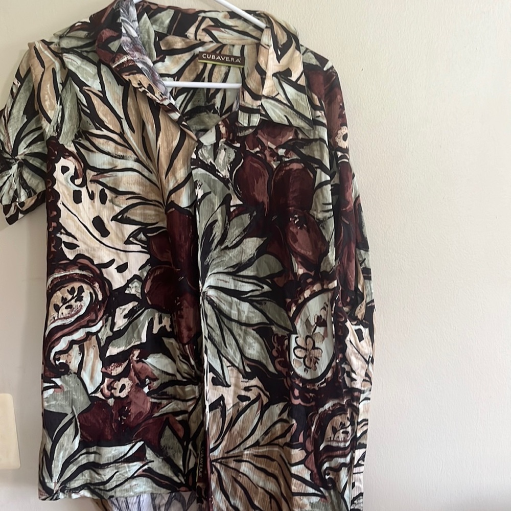 Cubavera Shirt Womens Large Button Up All Over Print Floral White Green viscose